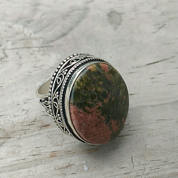 Genuine Unakite Gemstone Sterling Silver Ring - Picture 1 of 6